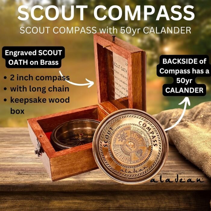 Scout Compass Gift Boys - Engraved Scout Oath Compass in wood Box Scout Always Prepared Camping Orienteering Compass, Hiking Backpacking Compass gift, 50 year calander - Image 2