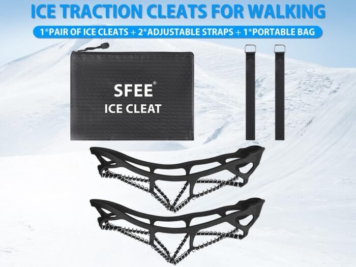 Sfee Ice Cleats for Walking on Ice Snow Grips Crampons Traction for Shoes/Boots, Anti-Slip Portable Flexible Footwear for Walking Climbing Hiking Fishing Outdoor Running with 2 Adjustable Straps - Image 2