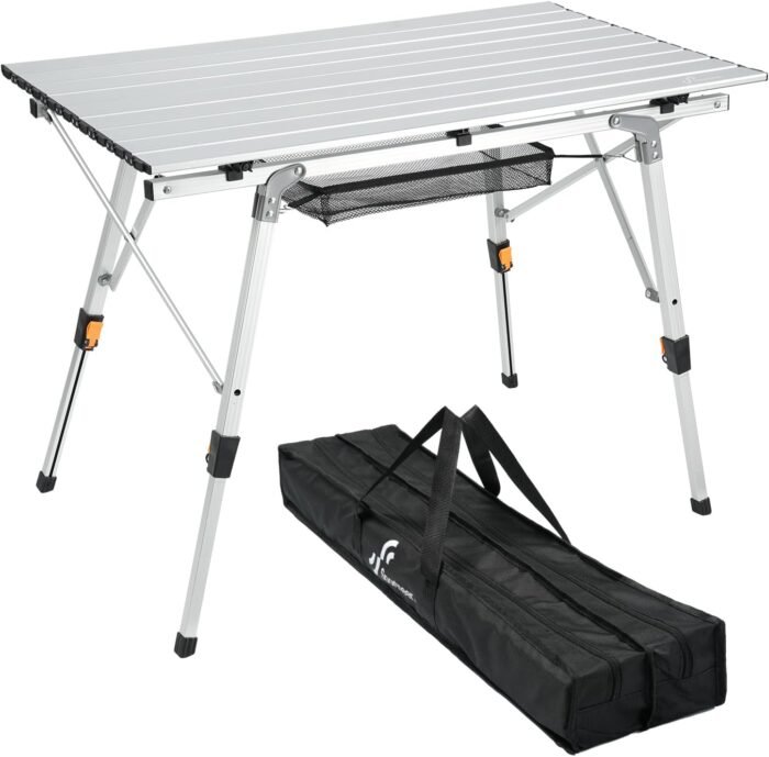 Sportneer Camping Tables That Fold Up Lightweight, Adjustable Height Aluminum Folding Table with Top Mesh Layer, Roll Up Camping Table for Outdoor Camp Picnic Beach RV Backyards Kitchen BBQ