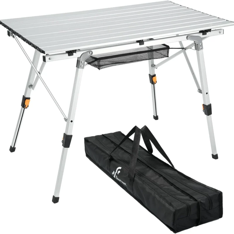 Sportneer Camping Tables That Fold Up Lightweight, Adjustable Height Aluminum Folding Table with Top Mesh Layer, Roll Up Camping Table for Outdoor Camp Picnic Beach RV Backyards Kitchen BBQ