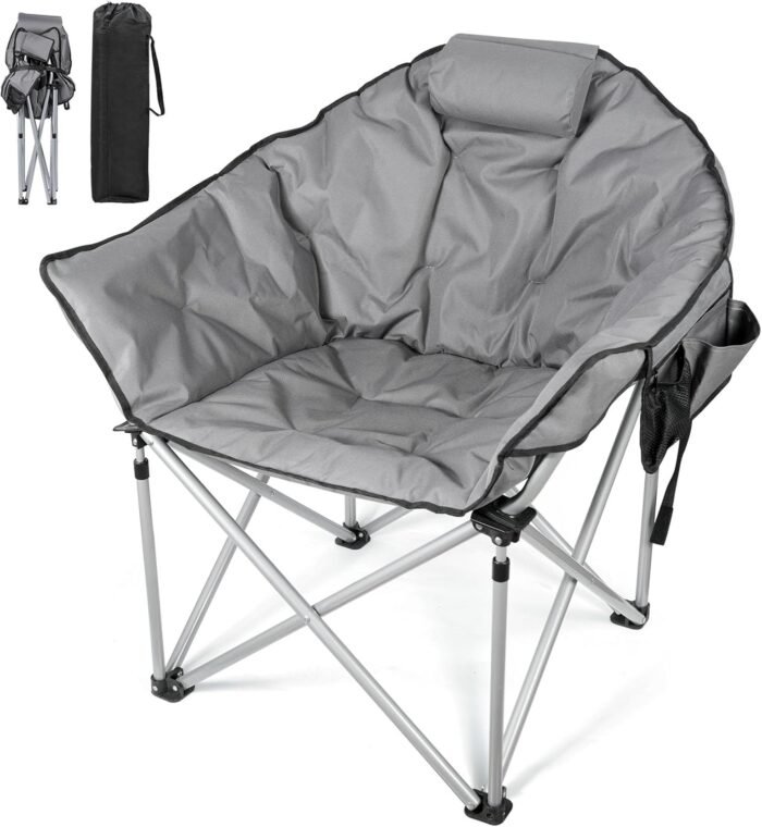 Suteck Oversized Camping Chairs for Adults, Folding Chair with Fully Padded Seat & Back, Portable Camping Lounge Chair with Two Side Pockets, Pillow and Carry Bag for Outside, Travel, Picnics