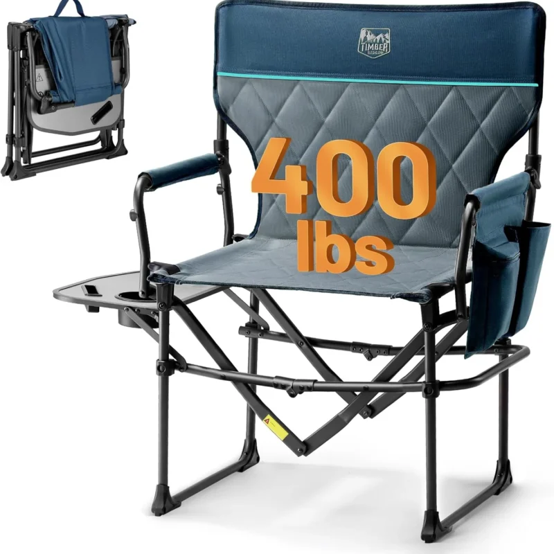 TIMBER RIDGE Heavy Duty Camping Chair with Compact Size, Portable Directors Chair with Side Table and Pocket for Camping, Lawn, Sports and Fishing, Supports Up to 400lbs, Navy