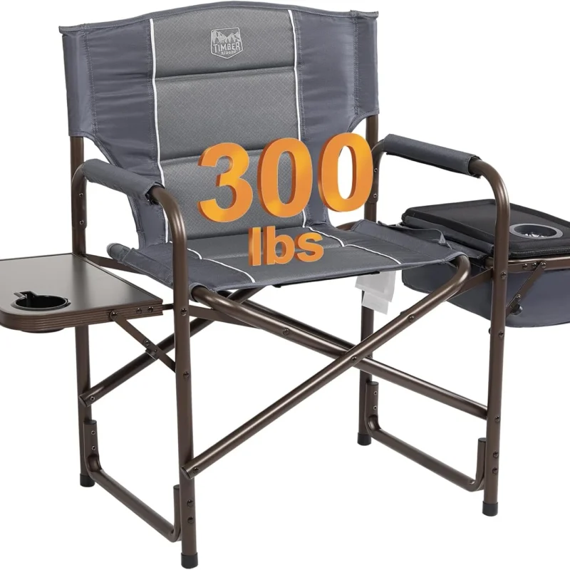 TIMBER RIDGE Lightweight Camping Chair, Portable Laurel Director's Chair with Foldable Side Table, Cooler Bag & Mesh Pocket, Compact Outdoor Folding Lawn Chair, Supports 300lbs, Grey