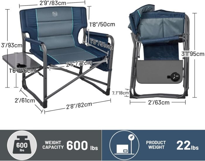 TIMBER RIDGE XXL Upgraded Oversized Directors Chairs with Foldable Side Table, Detachable Side Pocket, Heavy Duty Folding Camping Chair up to 600 Lbs Weight Capacity (Blue) Ideal Gift - Image 2