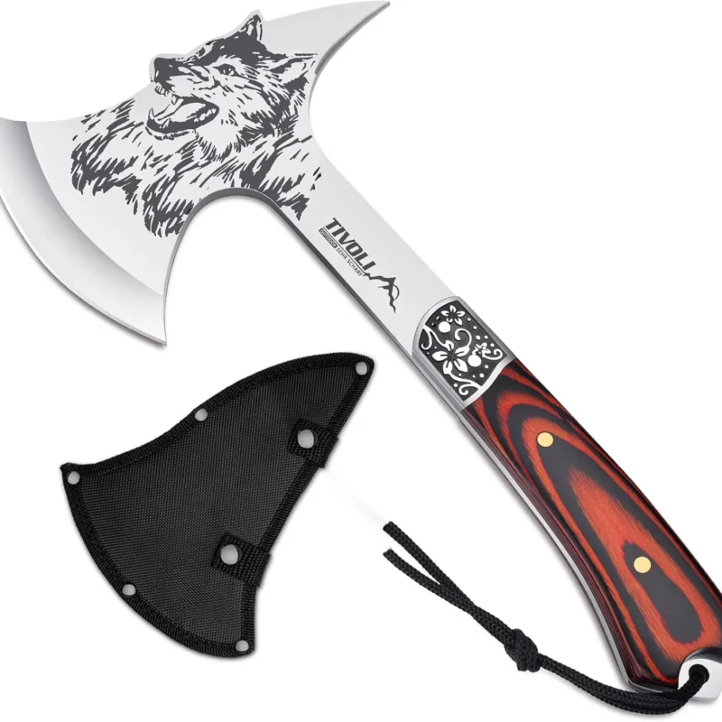 TIVOLI Camping Hatchet with Nylon Sheath,Survival Axe Viking Axe for Outdoor Splitting Wood,Camping Axe with Gift Box Full Tang Hand Axe for Adventure, Hunting, Trekking, Gardening