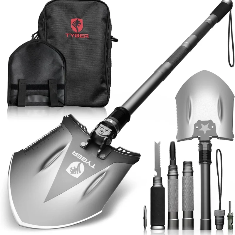 Tyger Auto Shovel TG-SV8U3217 Military Heavyduty Folding Compact Tool with 16-in-1 Multifunction for Off-Roading, Camping, Outdoor, Survivalist and Emergency