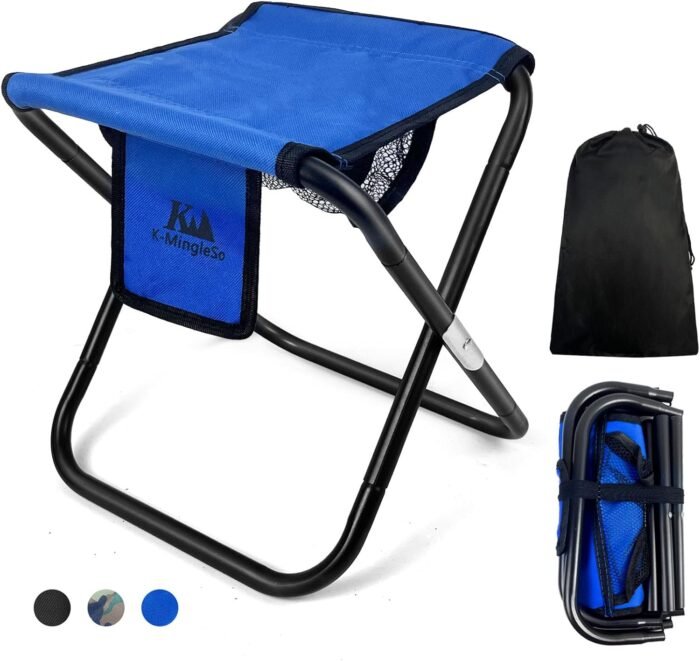 Upgraded 13 Inch Portable Folding Camping Stool with Side Pocket Mesh Pocket and Molle System, Lightweight Foldable Stool for Adults Gardening Travel BBQ Fishing with Carry Bag[Blue]