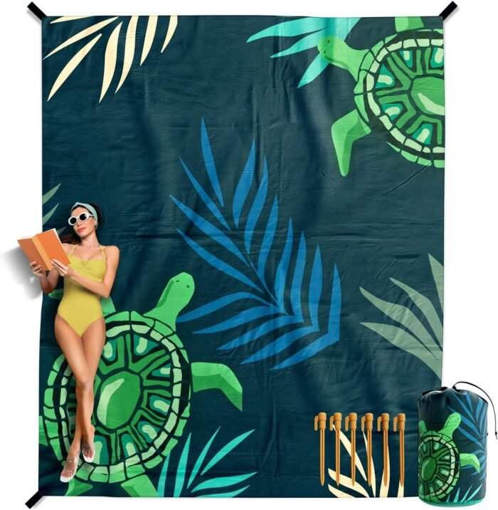 VENTURE 4TH Family-Size Beach Blanket: Sandproof, Waterproof, Lightweight & Compact. Includes Stakes and Carry Bag. 9x10 feet XXL Navy Turtle