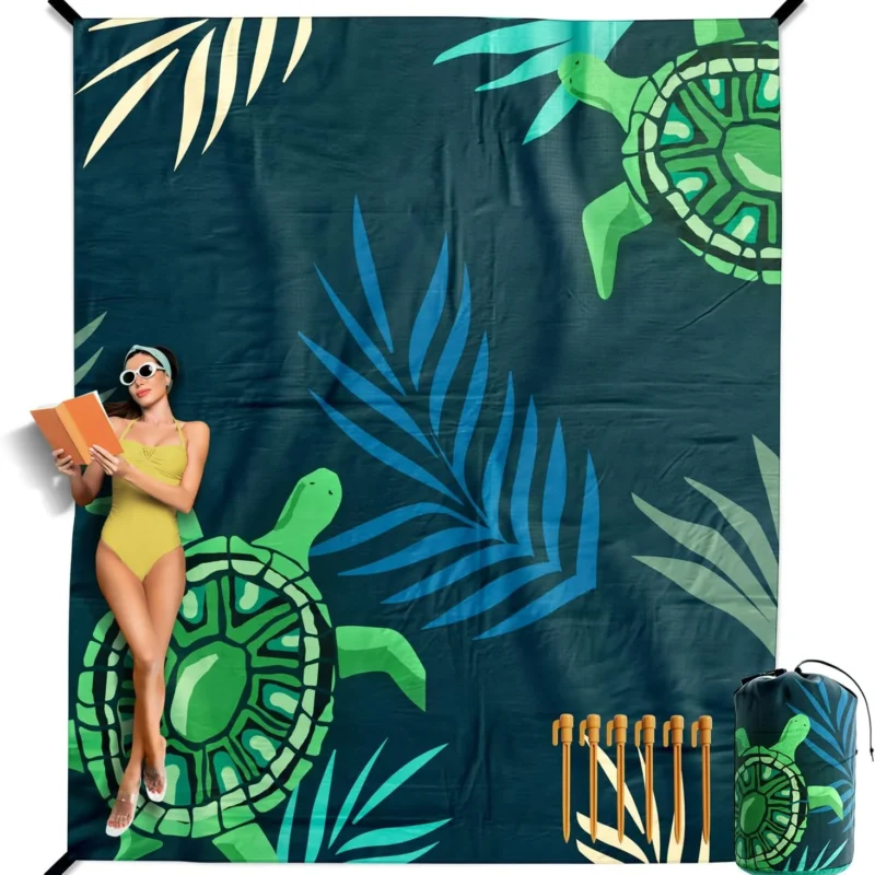 VENTURE 4TH Family-Size Beach Blanket: Sandproof, Waterproof, Lightweight & Compact. Includes Stakes and Carry Bag. 9x10 feet XXL Navy Turtle