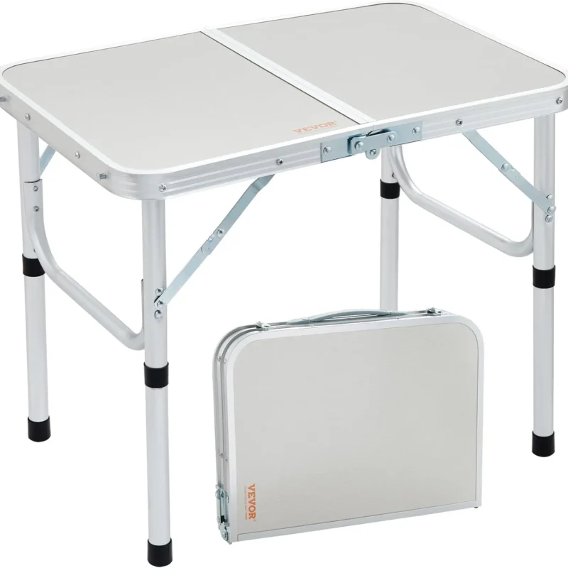 VEVOR Folding Camping Table, Adjustable Height Aluminum MDF Outdoor Portable Fold Up Lightweight Table, for Cooking, Beach, Picnic, Travel, 24'' x 16'', Silver