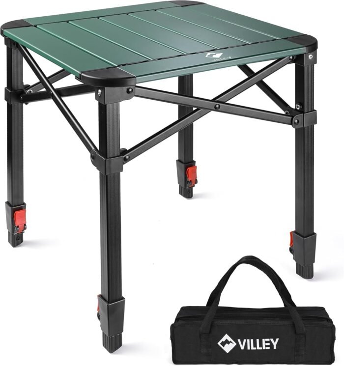 VILLEY Folding Camping Square Table with Carry Bag, Lightweight Aluminum Adjustable Square Table for Outdoor, Camping, Picnic, Backyards, BBQ (S)