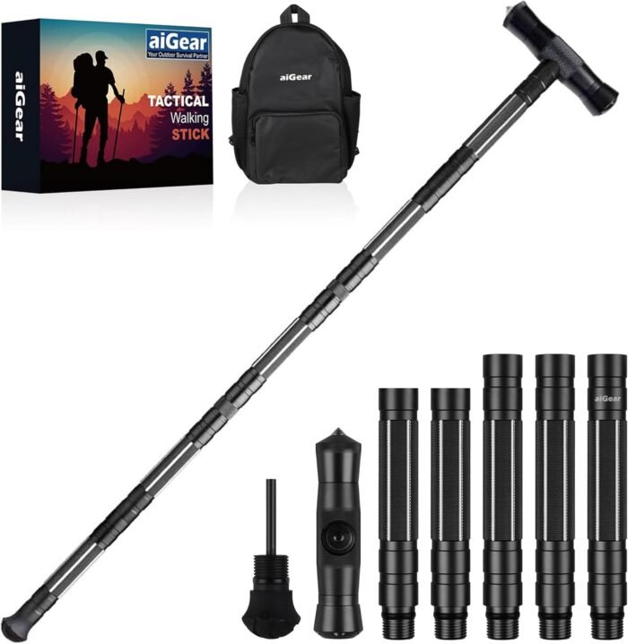 aiGear Tactical Walking Stick CNC Machined Aluminum Tactical Cane Adjustable Length Hiking Stick for Survival Camping Hiking Color Black