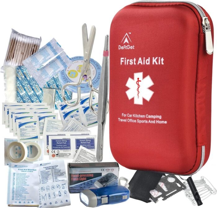 deftget 163 Pieces First Aid Kit Waterproof IFAK Molle System Portable Essential Injuries Medical Emergency Equipment Survival Kits for Car Kitchen Camping Travel Office Sports Home Ligth Red